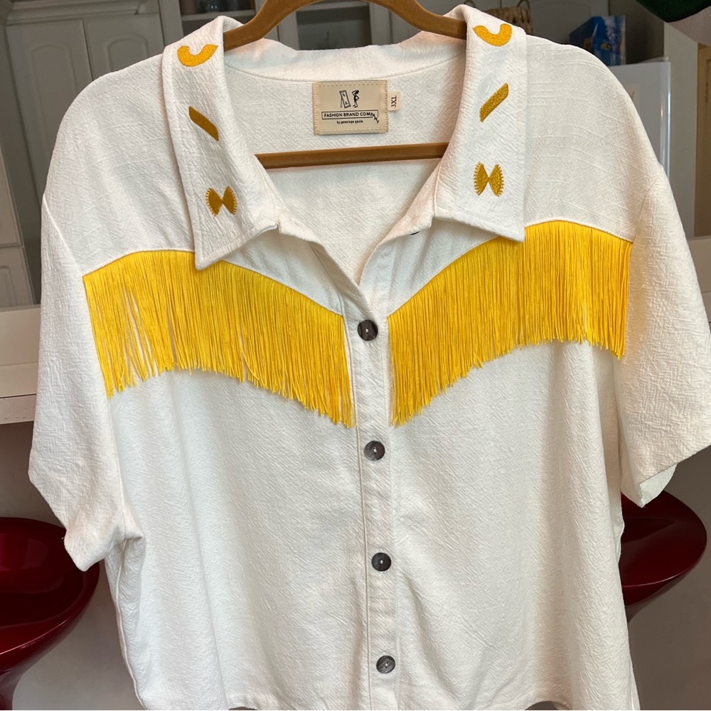 PASTA Fashion Brand Company Cream Button-Down Top with Yellow Fringe
